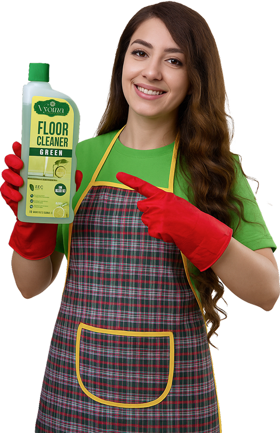 Woman holding Vyoma eco-friendly floor cleaner